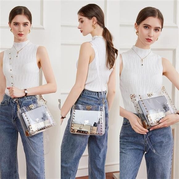 Transparent Clutch Crossbody Handbag With Gold Rivets Adjustable Shoulder Strap - Picture 4 of 5
